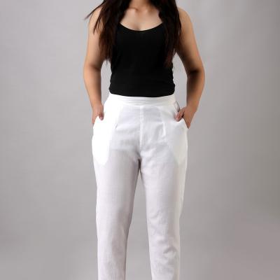 Martini - Plus SizeWhite Solid Straight Cotton Flex Pants With Drawstring