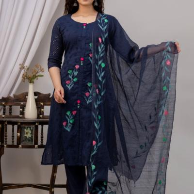 Martini - Cotton Schiffli Work Kurti with Pant and Dupatta