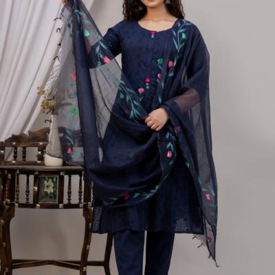 Martini - Cotton Schiffli Work Kurti with Pant and Dupatta