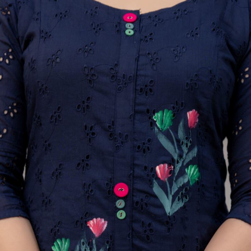 Martini - Cotton Schiffli Work Kurti with Pant and Dupatta
