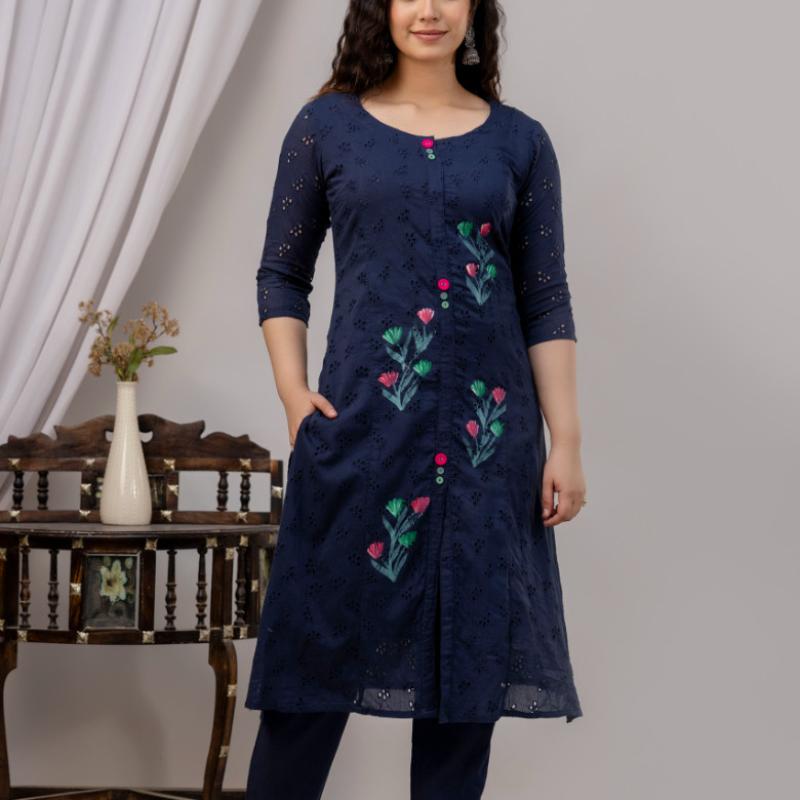 Martini - Cotton Schiffli Work Kurti with Pant and Dupatta