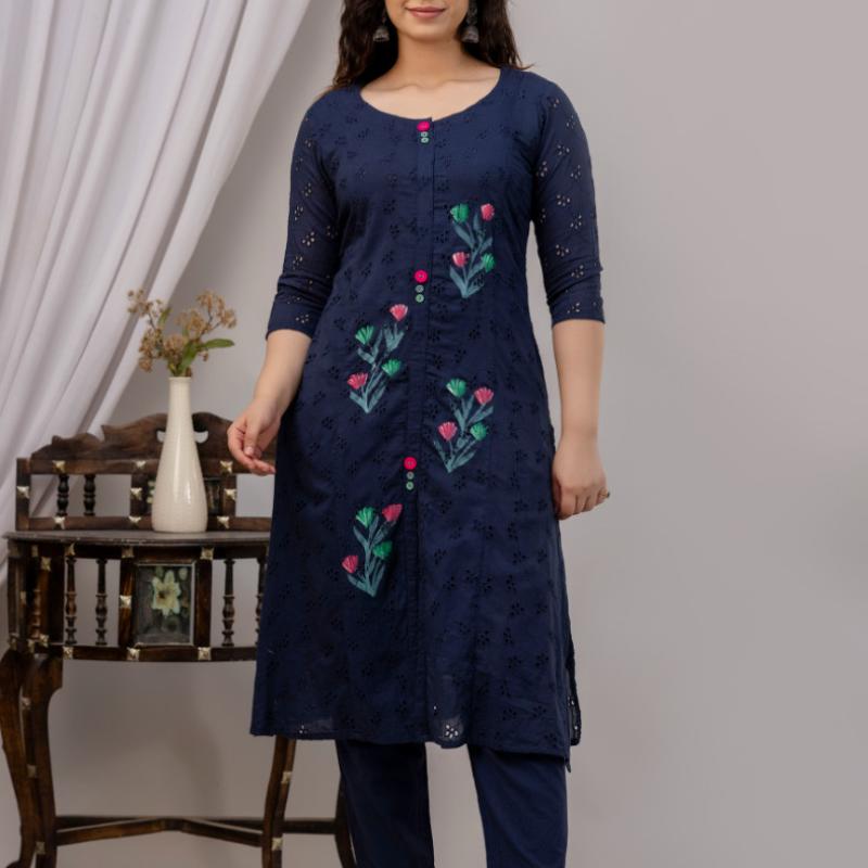 Martini - Cotton Schiffli Work Kurti with Pant and Dupatta