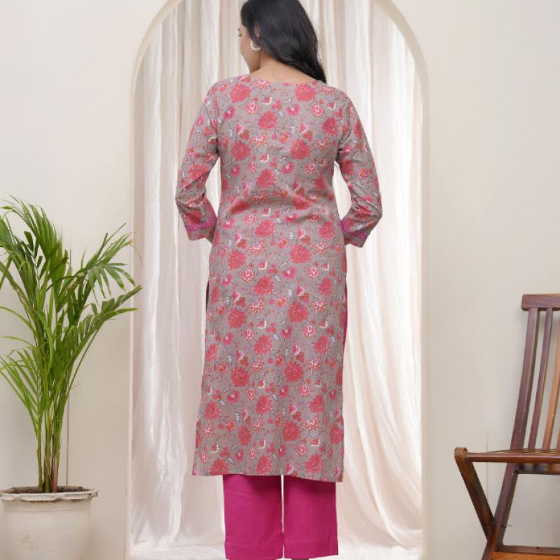 VAASVA - Charcoal Cotton Printed Straight Kurti