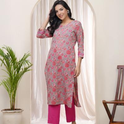 VAASVA - Charcoal Cotton Printed Straight Kurti