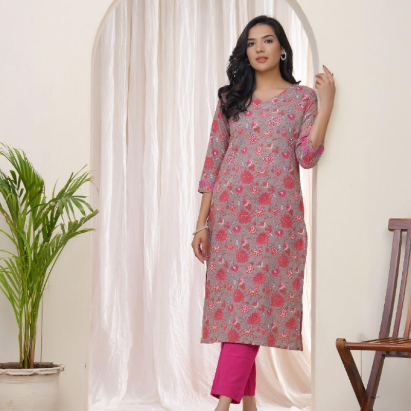 VAASVA - Charcoal Cotton Printed Straight Kurti