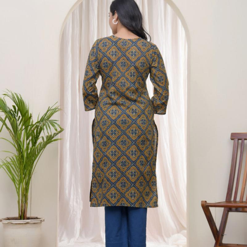 VAASVA - Vaasva Blue Ajrakh Cotton Printed Gathered Kurti