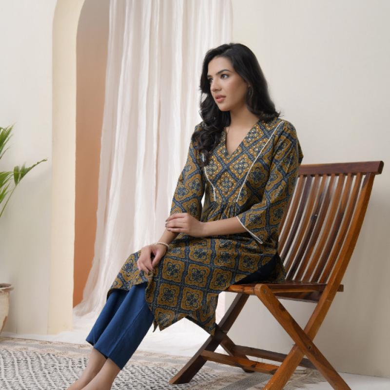 VAASVA - Vaasva Blue Ajrakh Cotton Printed Gathered Kurti