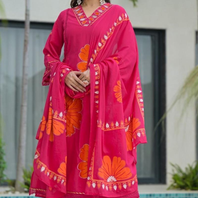 Cotton 60-60 Applic Work Straight Kurti with Pant and Dupatta