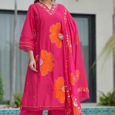 Cotton 60-60 Applic Work Straight Kurti with Pant and Dupatta