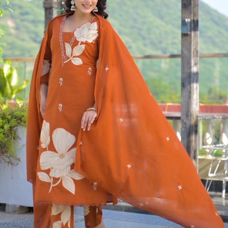 Cotton 60-60 Straight Printed with Work Kurti with Pant and Dupatta