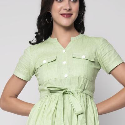 Sarah - Green Colored Cotton Flex Self Printed Midi Dress