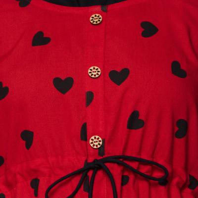 Sarah - Red Colored Rayon Heart Printed Two Pcs Printed Midi Dress