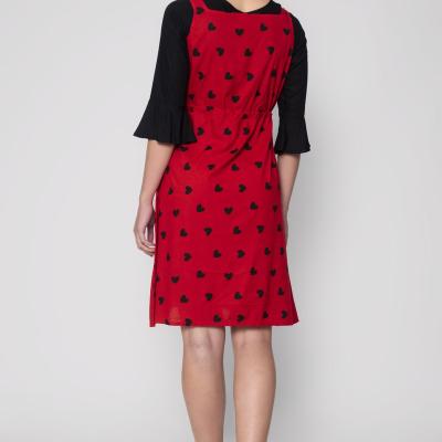Sarah - Red Colored Rayon Heart Printed Two Pcs Printed Midi Dress