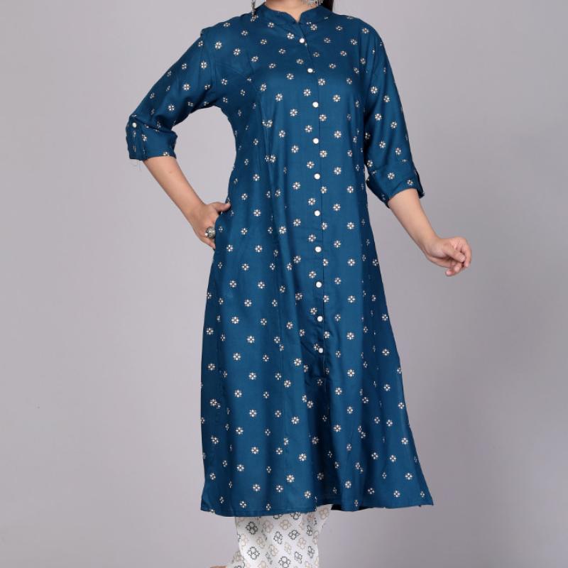 Rayon Gold Printed Princess Cut Kurti with One Side Pocket