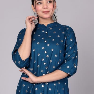 Rayon Gold Printed Princess Cut Kurti with One Side Pocket