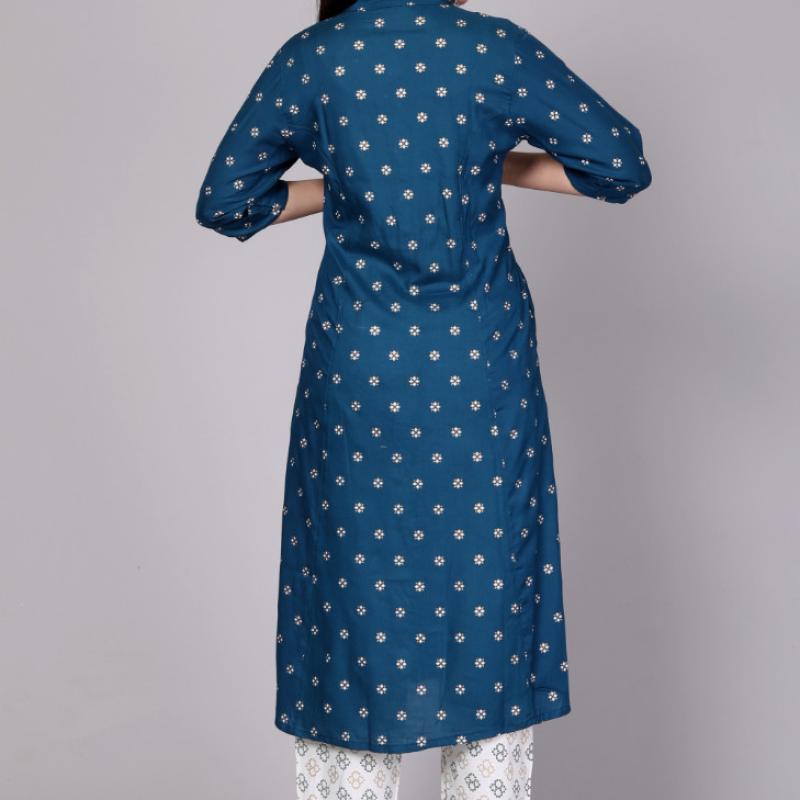 Rayon Gold Printed Princess Cut Kurti with One Side Pocket
