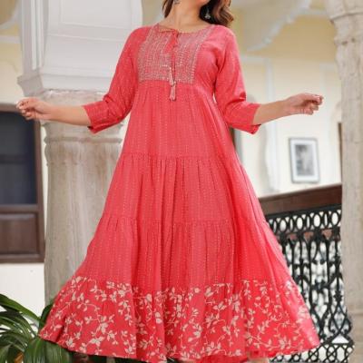 Rayon Printed Full Flare Anarkali Kurti with Embroidery Work