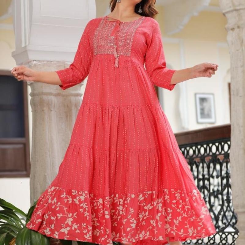 Rayon Printed Full Flare Anarkali Kurti with Embroidery Work