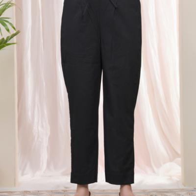 VAASVA - Black Cotton Flax Solid Straight Pants