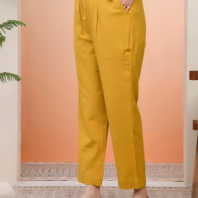 VAASVA - Mustard Cotton Flax Solid Straight Pants