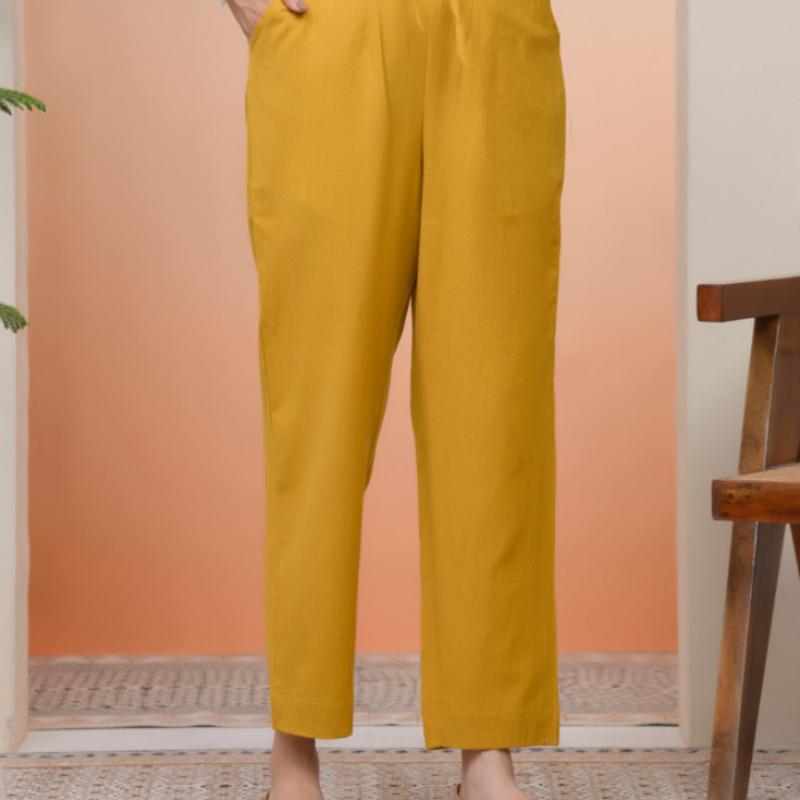 VAASVA - Mustard Cotton Flax Solid Straight Pants
