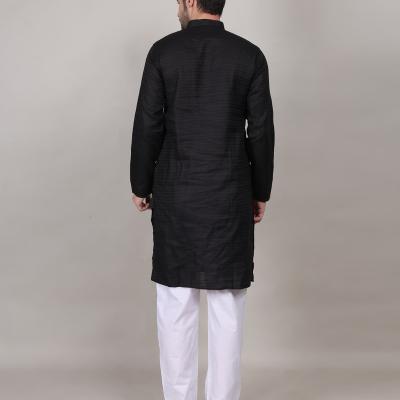 Charvi - Black Cotton Viscose Blend Self Design Woven Mens Kurta