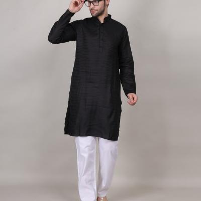 Charvi - Black Cotton Viscose Blend Self Design Woven Mens Kurta
