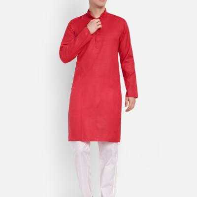 Charvi - Red Self Design Cotton Mens Daily Wear Kurta