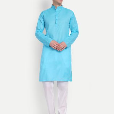 Charvi - Blue Self Design Cotton Mens Daily Wear Kurta