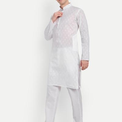 Charvi - White Self Design Pure Cotton Mens Daily wear Kurta