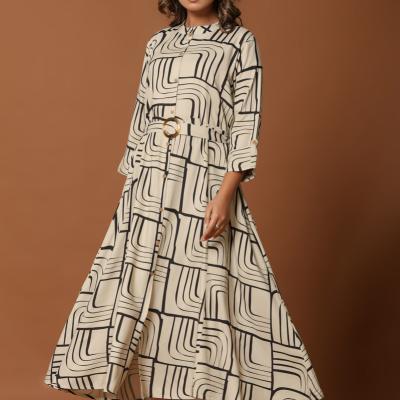 Beige Printed Midi Dress