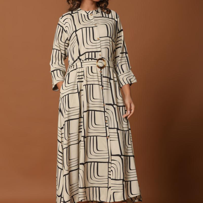 Beige Printed Midi Dress