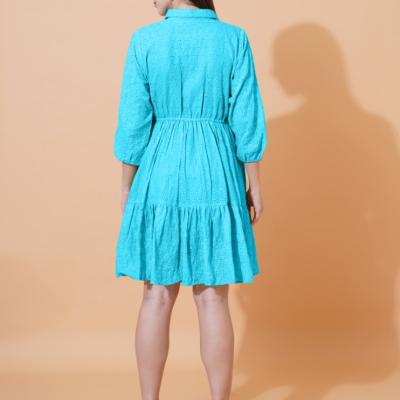 Women Schiffli Solid Puff Sleeve Cotton Shirt Dress