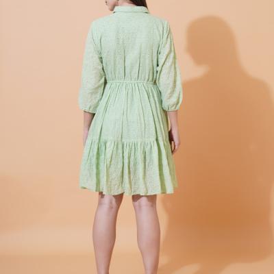 Women Schiffli Solid Puff Sleeve Cotton Shirt Dress