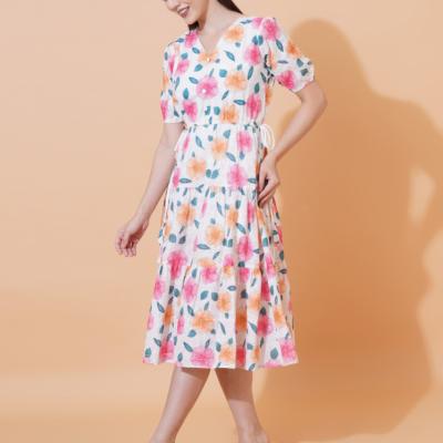 Women Schiffli Printed Floral Fit And Flare Dress