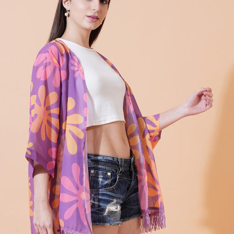 Woman In A Floral Back Ai Printed Georgette Fabric Half Sleeve Shrug