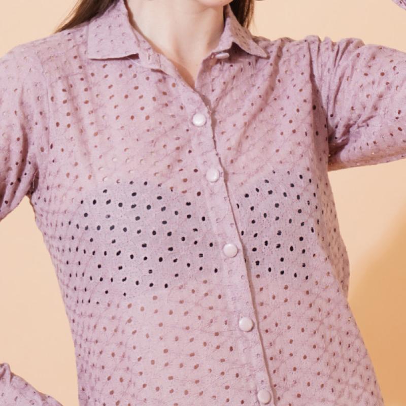 Women Solid Schiffli Work Full Sleeve Shirt