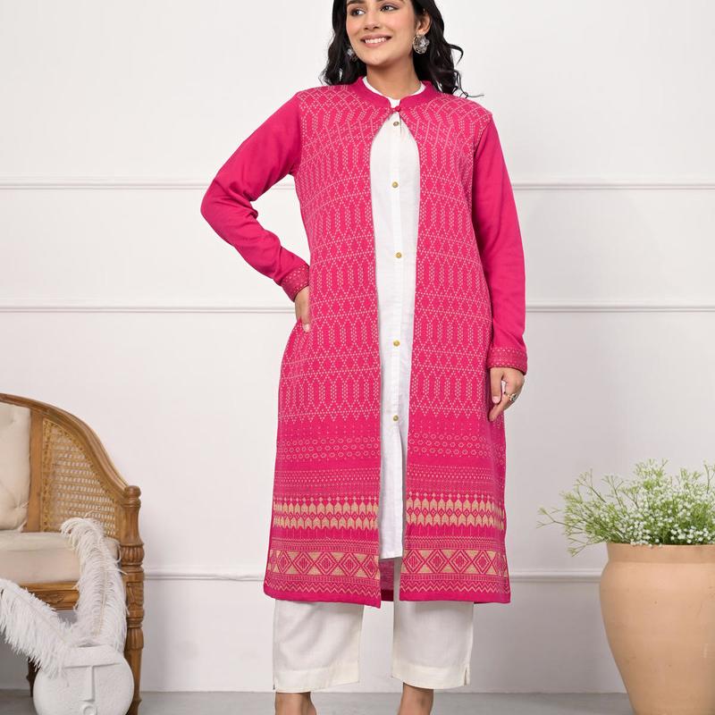 Juniper - Pink Ethnic Motif Printed Cotton Long Winter Wear Jacket