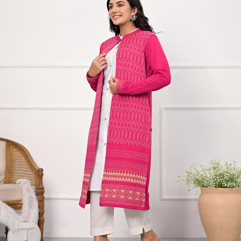 Juniper - Pink Ethnic Motif Printed Cotton Long Winter Wear Jacket