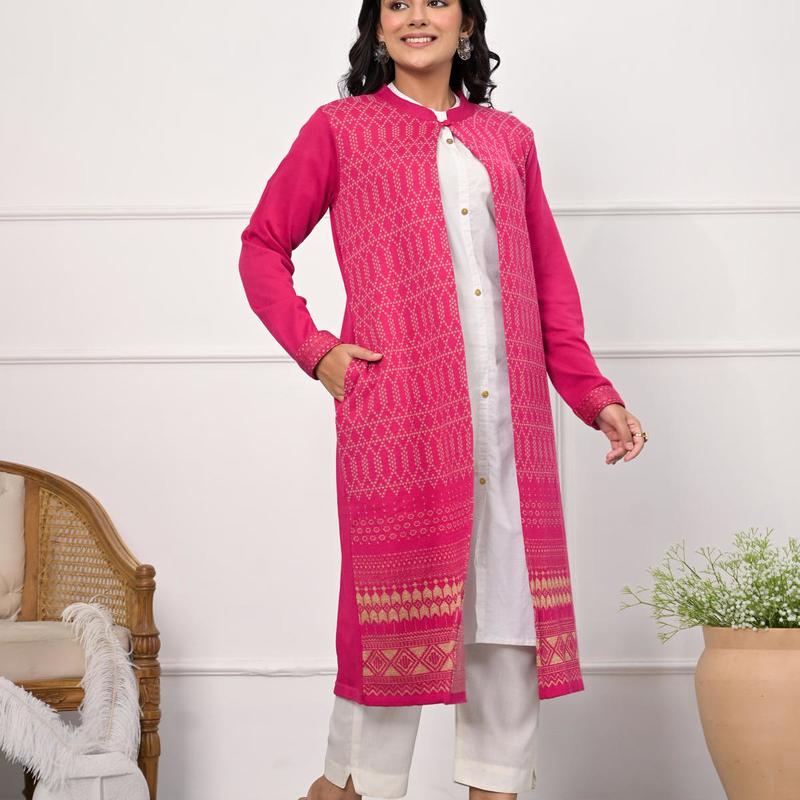 Juniper - Pink Ethnic Motif Printed Cotton Long Winter Wear Jacket