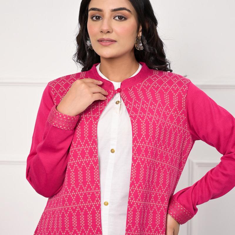 Juniper - Pink Ethnic Motif Printed Cotton Long Winter Wear Jacket