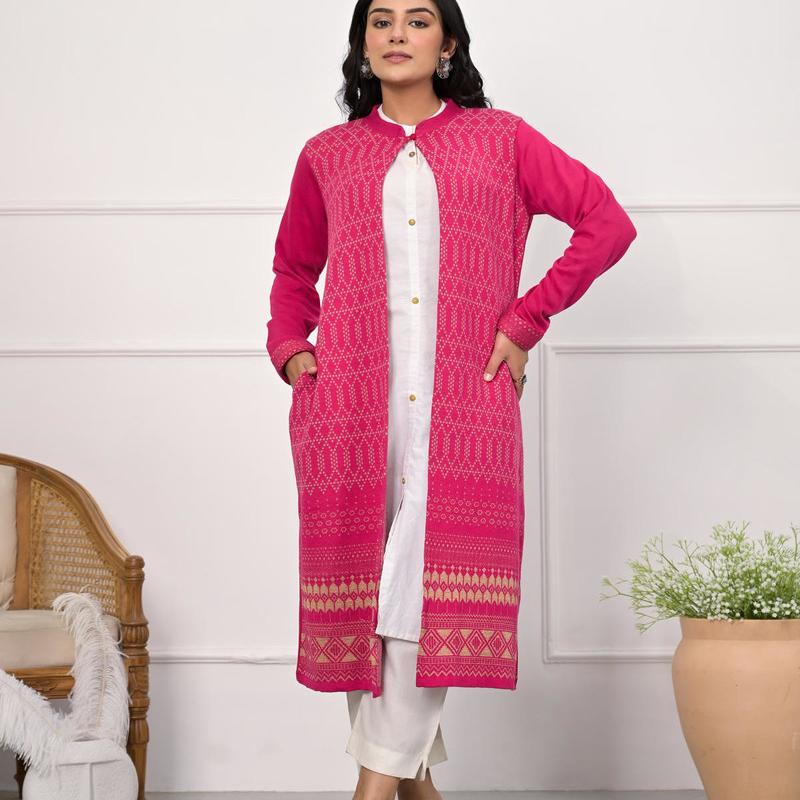 Juniper - Pink Ethnic Motif Printed Cotton Long Winter Wear Jacket