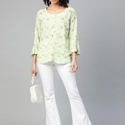 Rayon Casual 3/4 Sleeve Printed Women Green Top