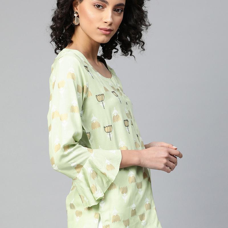 Rayon Casual 3/4 Sleeve Printed Women Green Top