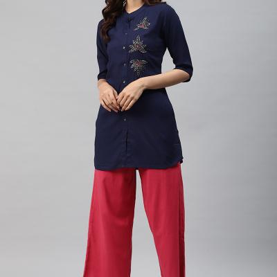 Rayon Casual 3/4 Sleeve Solid Women Blue Top