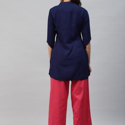 Rayon Casual 3/4 Sleeve Solid Women Blue Top