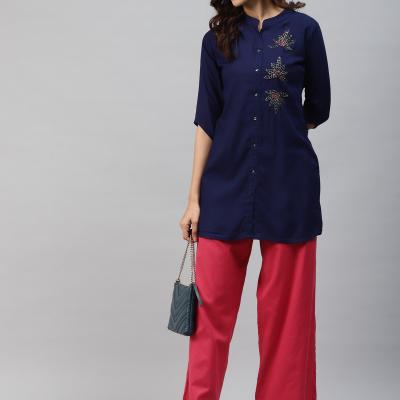 Rayon Casual 3/4 Sleeve Solid Women Blue Top