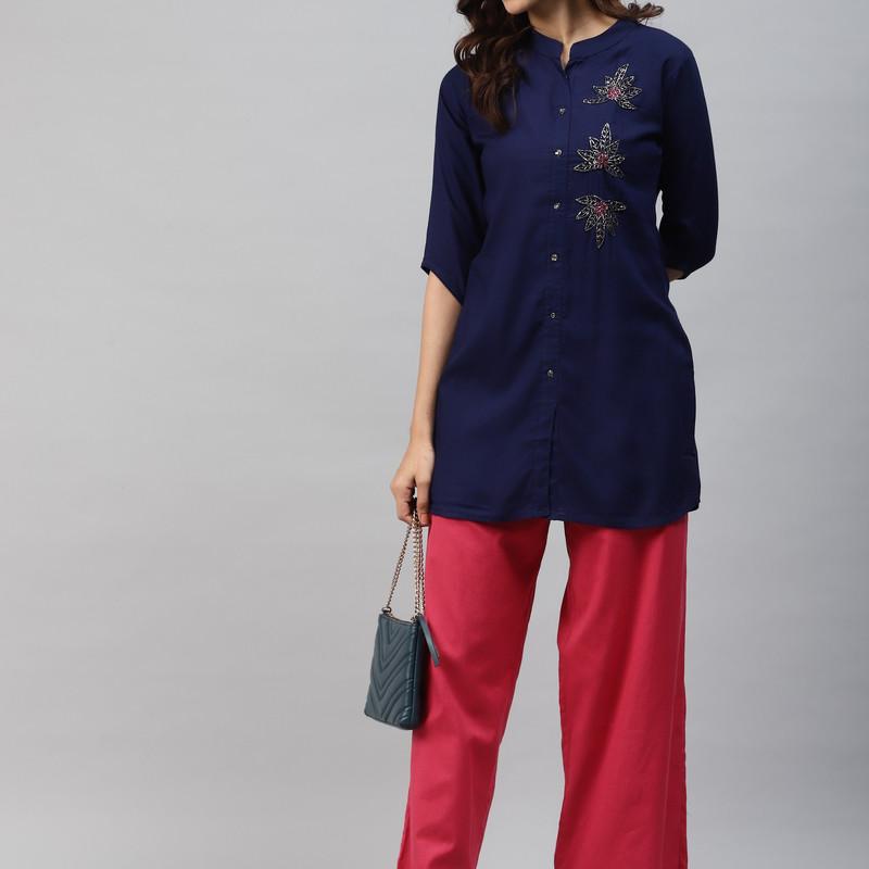 Rayon Casual 3/4 Sleeve Solid Women Blue Top