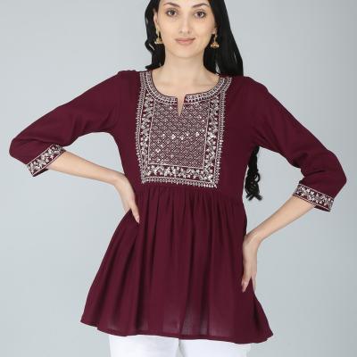 Women Rayon Embroidery Maroon Solid top